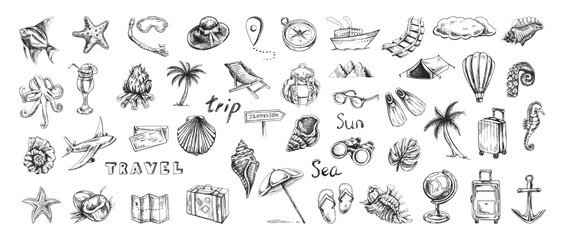 Hand drawn sketch set of travel icons. Tourism and camping adventure icons. Сlipart with travelling elements: bags, transport, camera, map, palm, seashells.. - obrazy, fototapety, plakaty