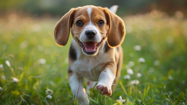 Happy beagle dog running in lawn green.
