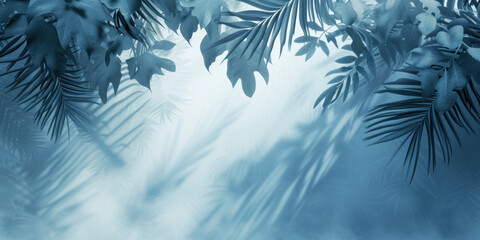3d empty wall room space blue background with tropical palm leaves and shadow