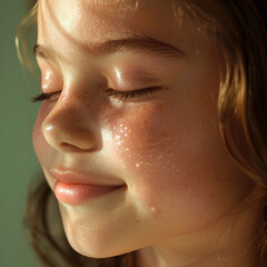 "Close-up of a Young Girl with Glowing Skin and Closed Eyes, Sunlit Natural Beauty Concept
