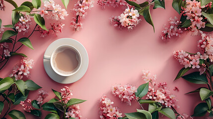 "Creative Flat Lay with Coffee Cup Surrounded by Blossoming Pink Flowers on a Pastel Background
