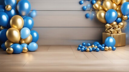 There are some wonderful golden and blue balloons on a vertical light gray wooden background and some blue balloons on a horizontal wooden background