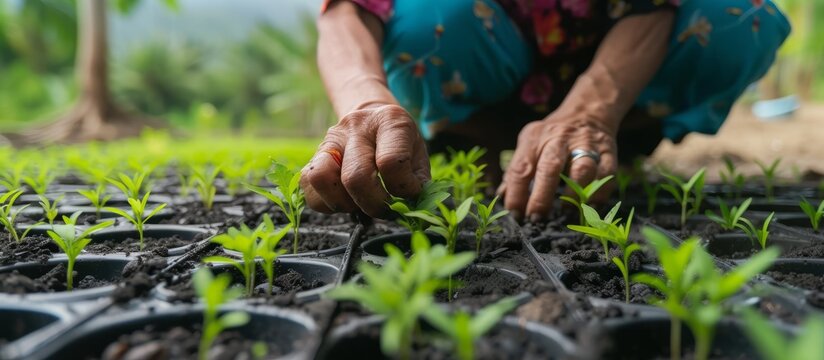 Harmony with Nature: A Woman Kneeling Down and Nurture Young Plants in Bed of Garden
