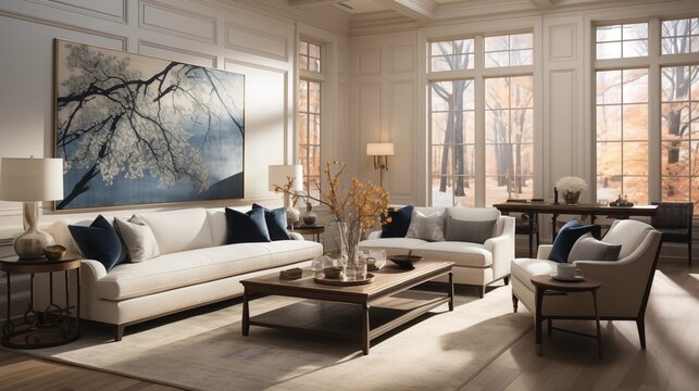 A serene living room with ethereal ivory walls and mystical midnight accent furniture
