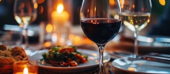 Aesthetic and elegant glass of red wine for a classy evening meal at a fancy restaurant