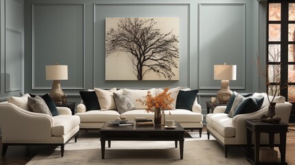 A serene living room with light mist walls and dark mystery accent furniture