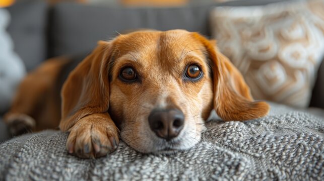 A portrait of lazy dog on sofa,adorable pet concept.