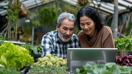 Happy asian couple at vegetable farm