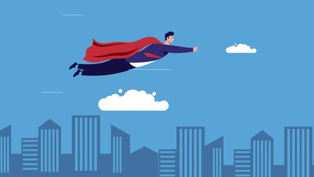 Business man superhero flying trough the city video illustration, super business man animation