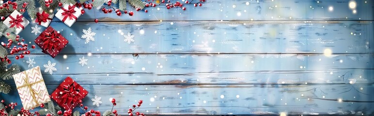 An Illustration of Gift Boxes Arranged on a Snowy Plank, Crafting a Charming Christmas Border. Made with Generative AI Technology