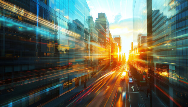 Dynamic Urban Rush: Light Trails and Sunset in the City