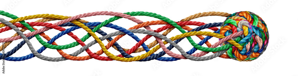 Poster Action Group Integration and Collective Effort Unification moving forward with Unity and a teamwork concept as a business metaphor as diverse ropes connected together in a ball.