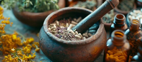 Fototapeta premium A circle of metal holds a mortar and pestle filled with herbs and spices, displayed on a table