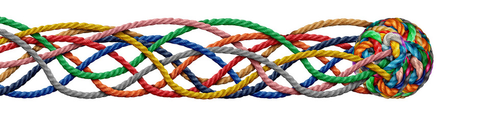 Action Group Integration and Collective Effort Unification moving forward with Unity and a teamwork concept as a business metaphor as diverse ropes connected together in a ball.