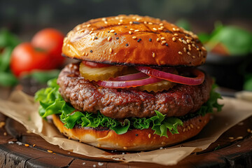 A classic hamburger with fresh lettuce, ripe tomato slices and spicy onions. A juicy cutlet sandwiched between two soft buns