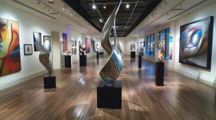 Background A modern art gallery filled with sleek sculptures and bold paintings.