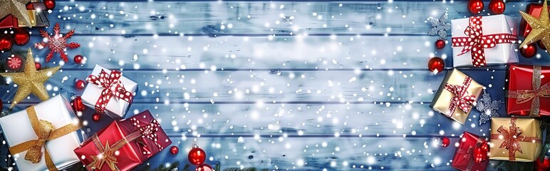 An Illustration of Gift Boxes Arranged on a Snowy Plank, Crafting a Charming Christmas Border. Made with Generative AI Technology