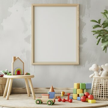 close-up, kids room, of a 3 mockup of a poster frame against a wall, toys --v 6 Job ID: 85a276f3-92ed-44b7-b249-7e0258dc6c0a