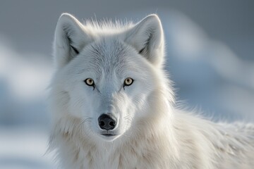 Portrait of a white polar wolf, northern predatory animal outdoors looking at camera