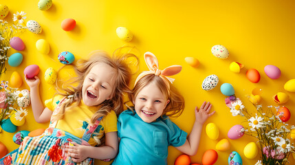 Two happy children and colorful easter eggs in easter festival