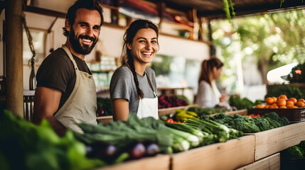 Happy caucasian couple at vegetables and fruits shop. - obrazy, fototapety, plakaty