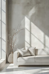 Serene minimalist interior design composition with a sofa and vase with dried flowers