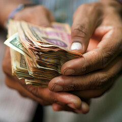 Close-up of hands holding a thick stack of mixed denomination currency notes, concept of cash savings, financial success, and wealth accumulation