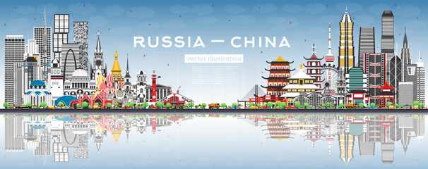 Russia and China skyline with gray buildings, blue sky and reflections. Famous landmarks. China and Russia concept. Diplomatic relations between countries.