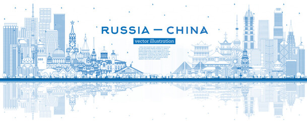 Outline Russia and China skyline with blue buildings and reflections. Famous landmarks. China and Russia concept. Diplomatic relations between countries.