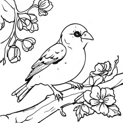 Obraz premium Goldfinch sitting on a branch with flower buds and trees coloring book