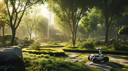 A robotic landscaper designing and maintaining a beautiful park.
