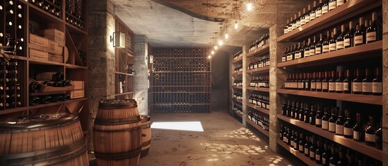 Wine bottles in the storage cellar in a wooden room with wooden surface and empty space, Generative AI.