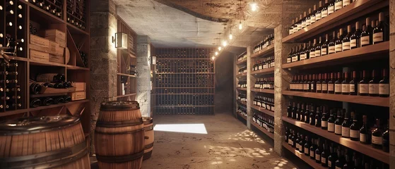 Fotobehang Wine bottles in the storage cellar in a wooden room with wooden surface and empty space, Generative AI. © Electro Unicorn