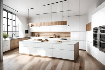 Fototapeta na wymiar A minimalist kitchen with clean lines, white cabinets, and a touch of natural wood. Simplicity meets sophistication in this contemporary culinary space