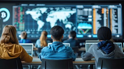 Obraz premium college students learning finance and cryptocurrency in an interactive classroom highly realistic