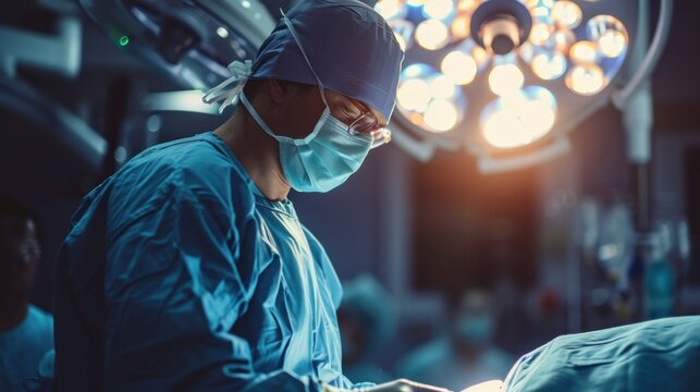 Surgeon or doctor in blue uniform did surgery in surgical hospital with orange light effect and blur background. Surgeon and nurse use medical instrument or equipment in operating room