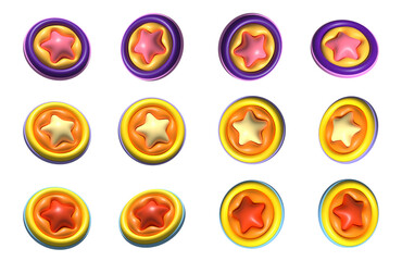 3d stars shields from different angles, on various colors for games, mobile app, customer quality review. 