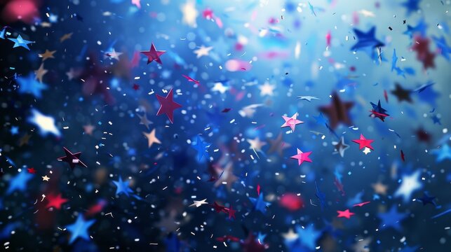 Closeup of glitter stars confetti in USA flag colors. Template for national holidays background.