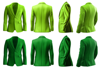 2 Set of dark light green lime, front back side view, business collar suit blazer jacket coat on transparent background cutout, PNG file. Mockup template for artwork graphic design