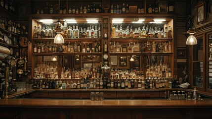Wide variety of bottles of alcohol or liqueur are placed on the shelves of a vintage bar - 740475751