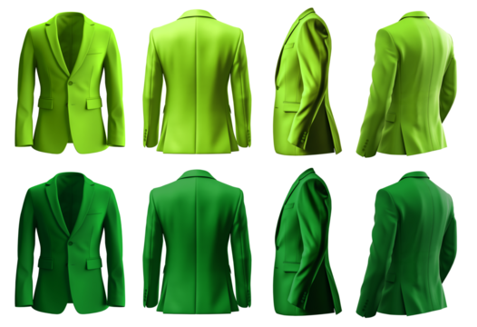 2 Set of dark light green lime, front back side view, business collar suit blazer jacket coat on transparent background cutout, PNG file. Mockup template for artwork graphic design