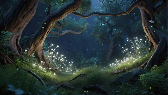 Capture the ethereal charm of a forest at night, alive with butterflies and illuminated plants, depicted in a captivating 4K circle animation with an anime art style