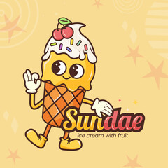 A cartoon ice cream character in a retro groove style.  Vintage dessert mascot.