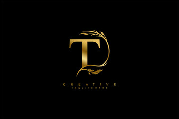 luxury gold letter T logo design with beautiful flower and leaf ornaments. monogram T, logo typography. initials T. typography. for business logos, boutiques, companies, beauty, etc