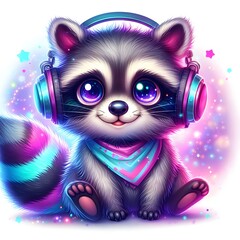 Fototapeta na wymiar raccoon headphones music