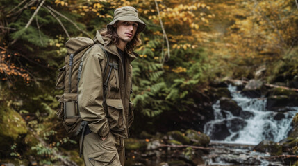 The nature enthusiast A khaki bucket hat paired with a cargo jacket hiking boots and cargo pants ready for a day of exploring in the great outdoors.