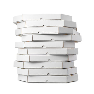 Stack of ten closed white cardboard pizza boxes isolated. Side view. Transparent PNG image.
