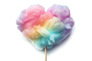 Colorful cotton candy in heart shape on white background, isolated.