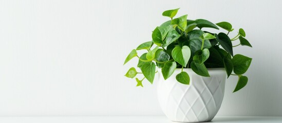 Elegant white vase with lush green plant, botanical home decor concept