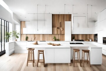 A minimalist kitchen with clean lines, white cabinets, and a touch of natural wood. Simplicity...